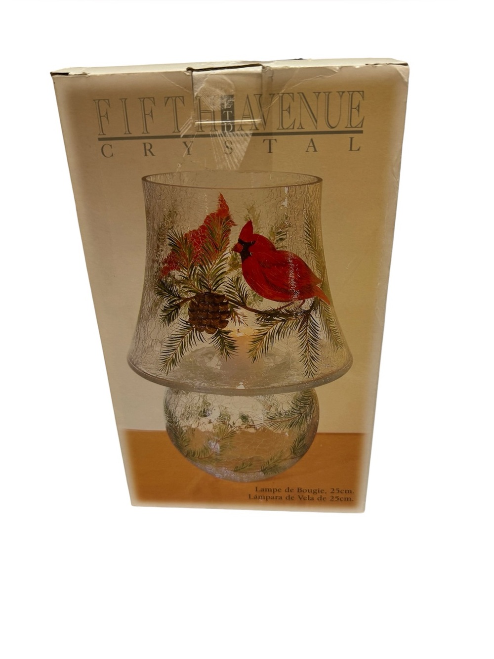 Fifth Avenue Crystal Handpainted Blown Crackle Glass 10” Cardinal Tea Light Lamp